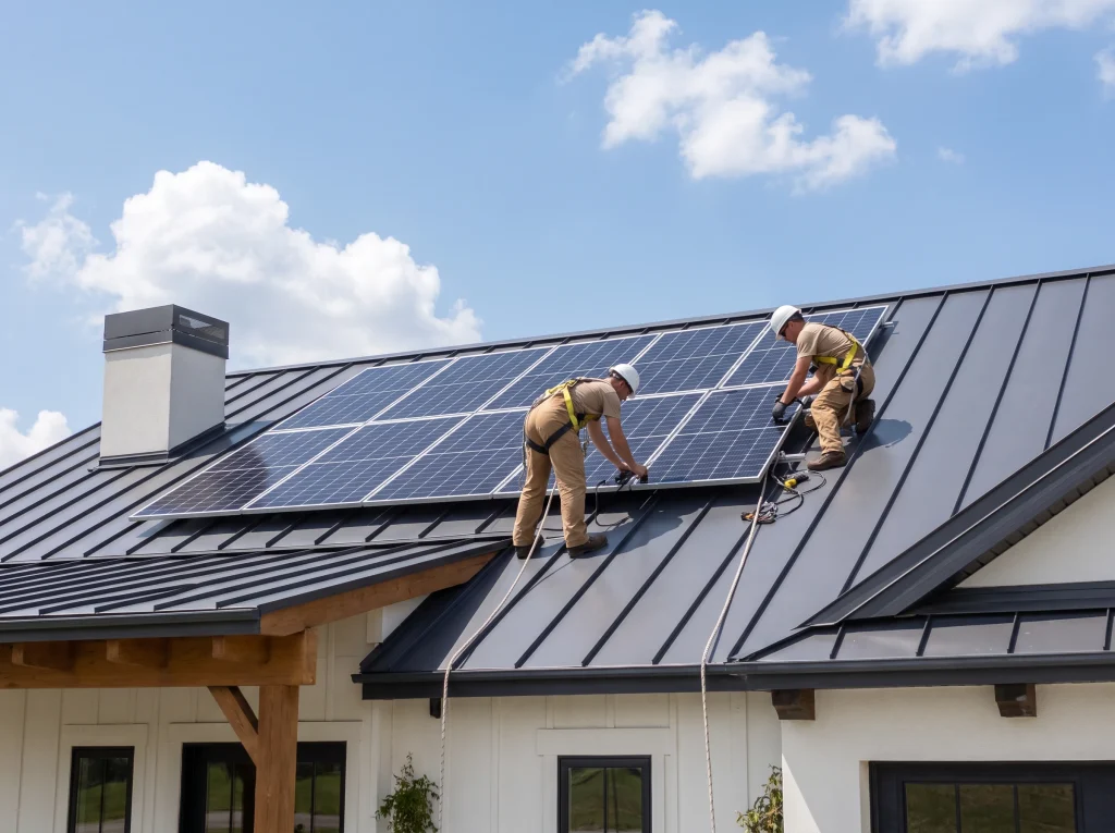 Instalatori autorizați montând panouri fotovoltaice pe acoperiș
